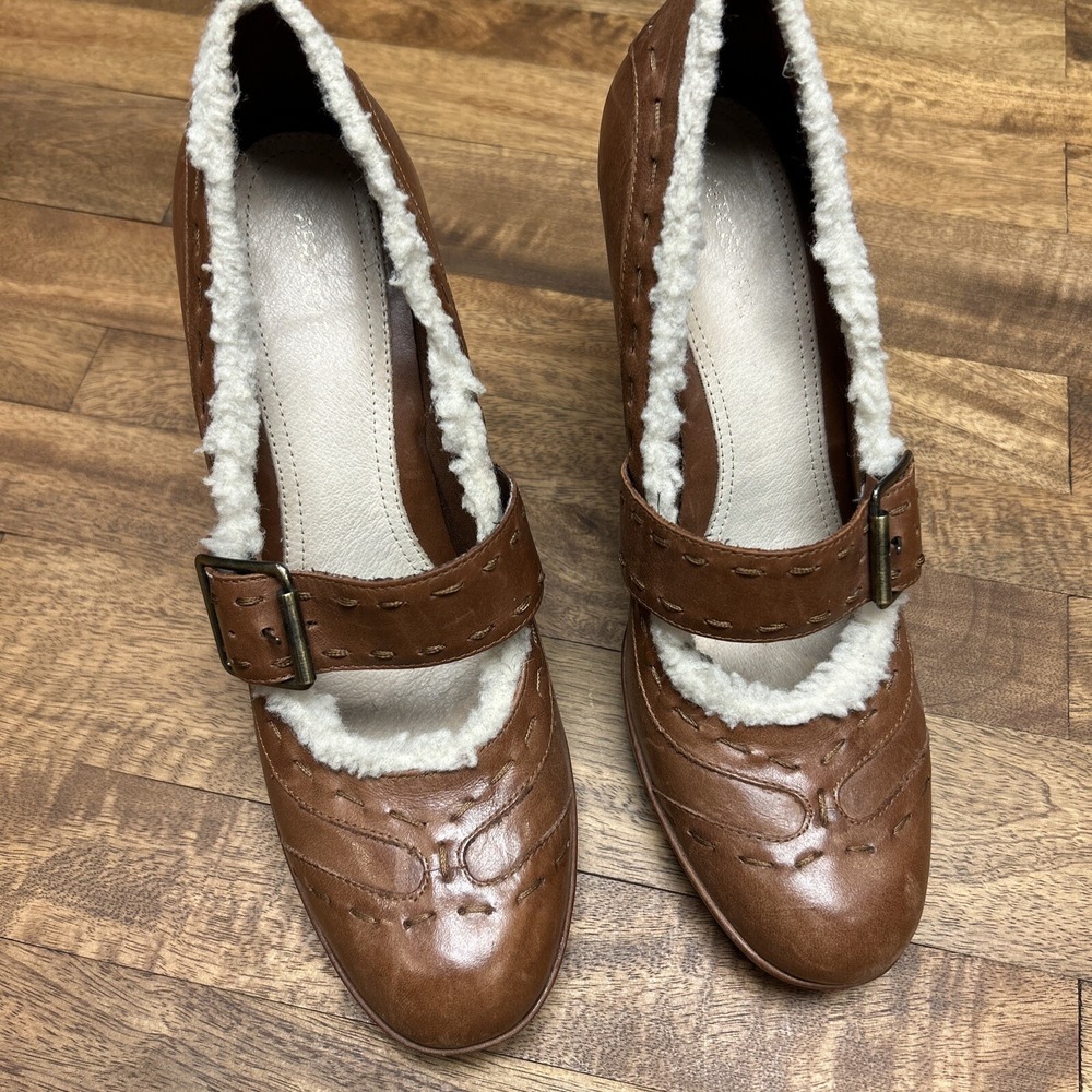 Aerosoles Visionary Brown Leather Faux Fur Wrap Mary Jane Heels Womens 9